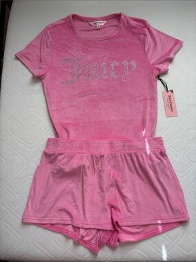 Juicy Couture Pink Velour Tee and Shorts Set with Crystal Logo